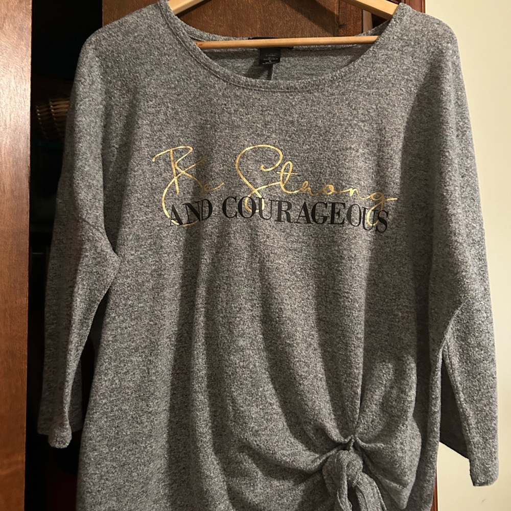 Gray Women's Crew Neck Sweater “Be Strong and Courageous” with knot tie